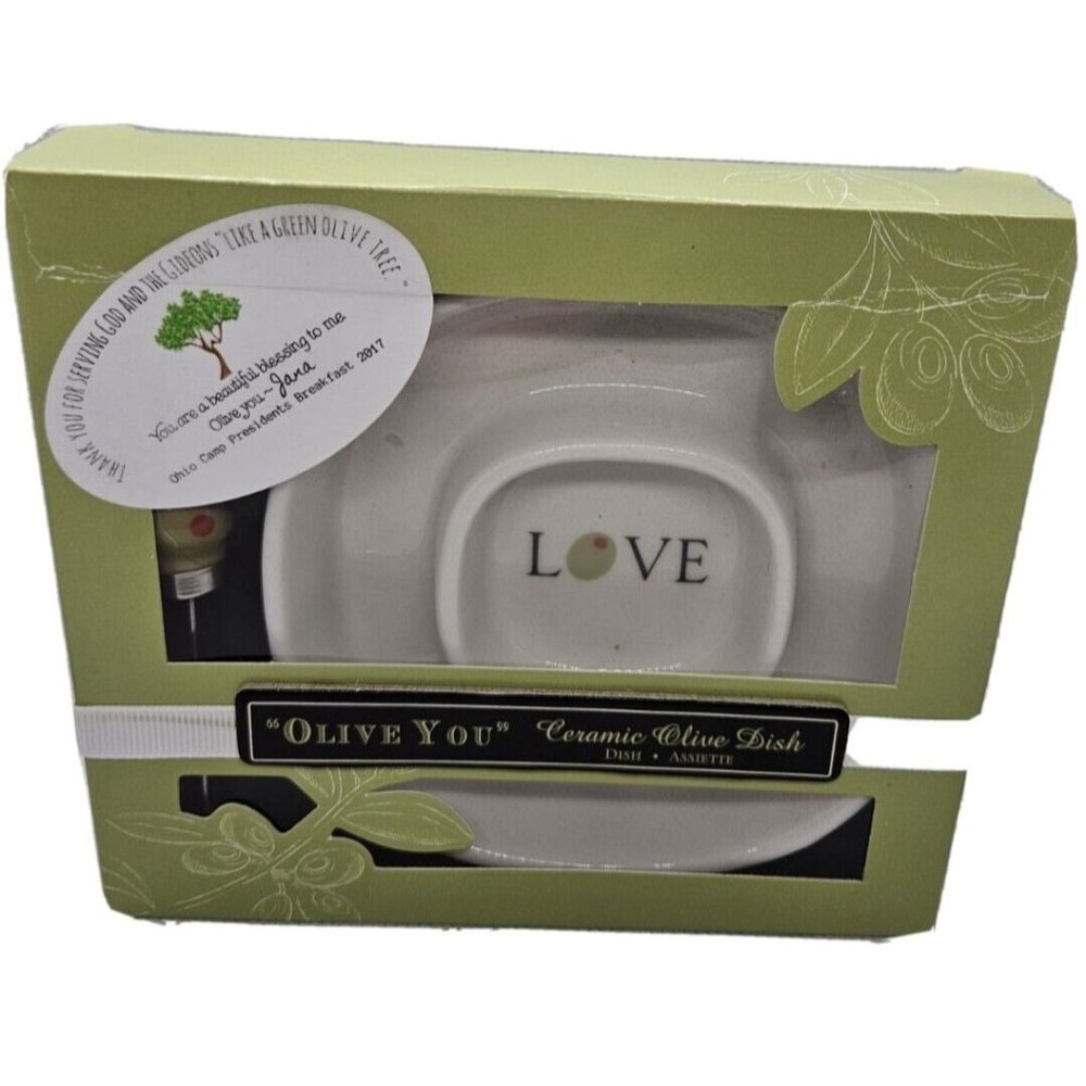 Kate Aspen Ceramic "Olive You" Olive Dish and Stainless Steel Spreader Gift Box